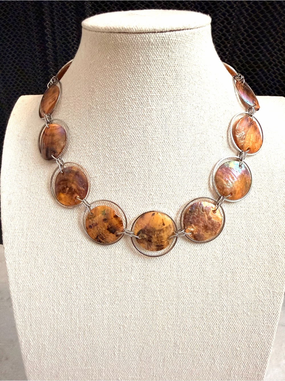 You & I Shell Statement Necklace Amber Silver Tone Boho 18–21”